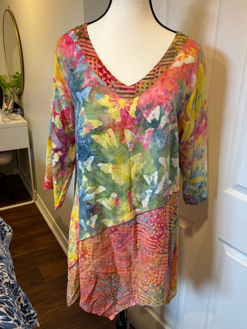 Watercolour Butterfly Print Tunic Top Medium Colourful Boho Artsy